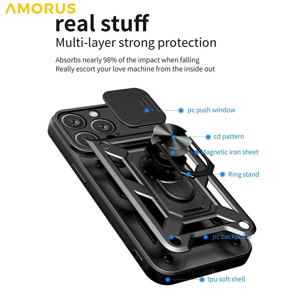 AMORUS For iPhone 16 Pro Max Case Kickstand PC + TPU Phone Cover with Camera Lens Slider