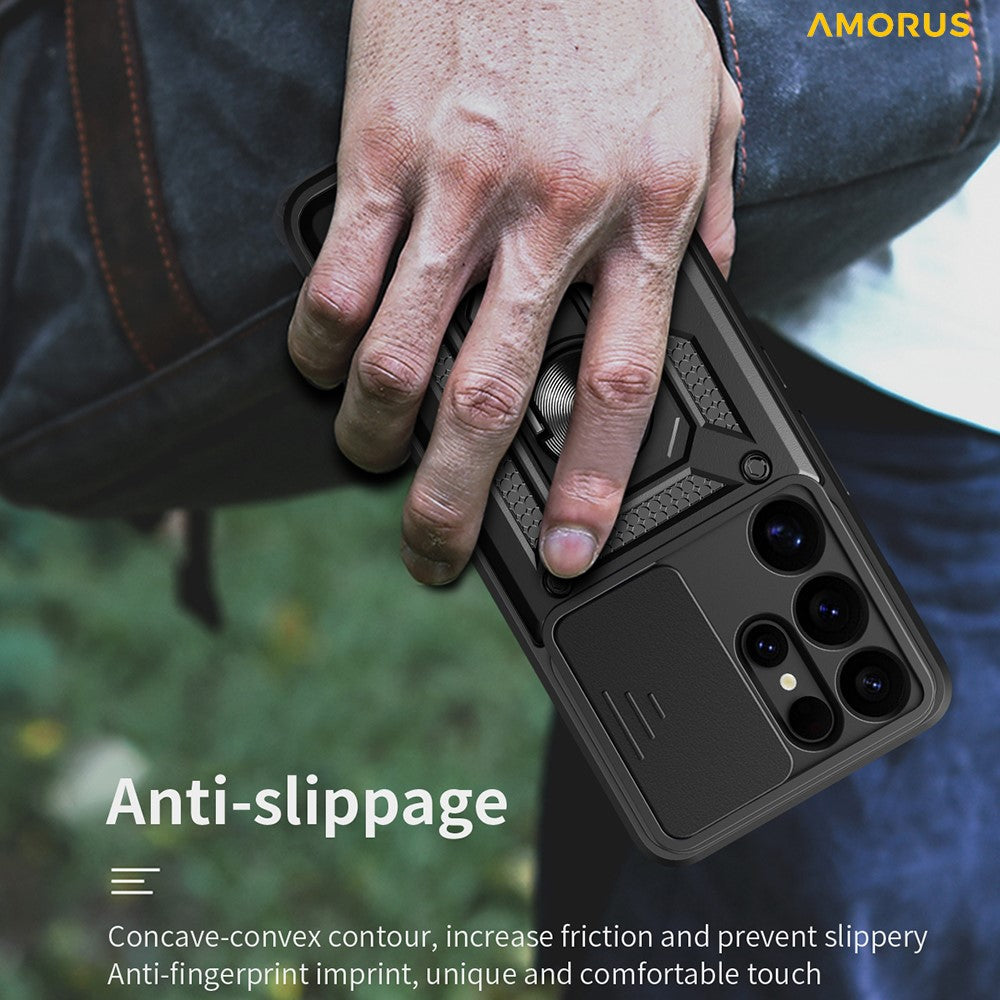AMORUS For Samsung Galaxy S25 Ultra Case Kickstand PC + TPU Phone Cover with Camera Lens Slider