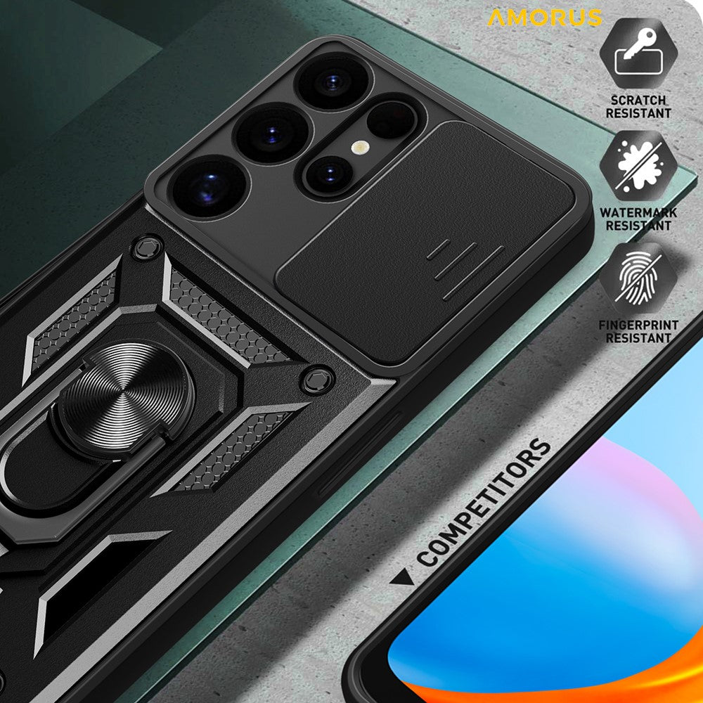 AMORUS For Samsung Galaxy S25 Ultra Case Kickstand PC + TPU Phone Cover with Camera Lens Slider