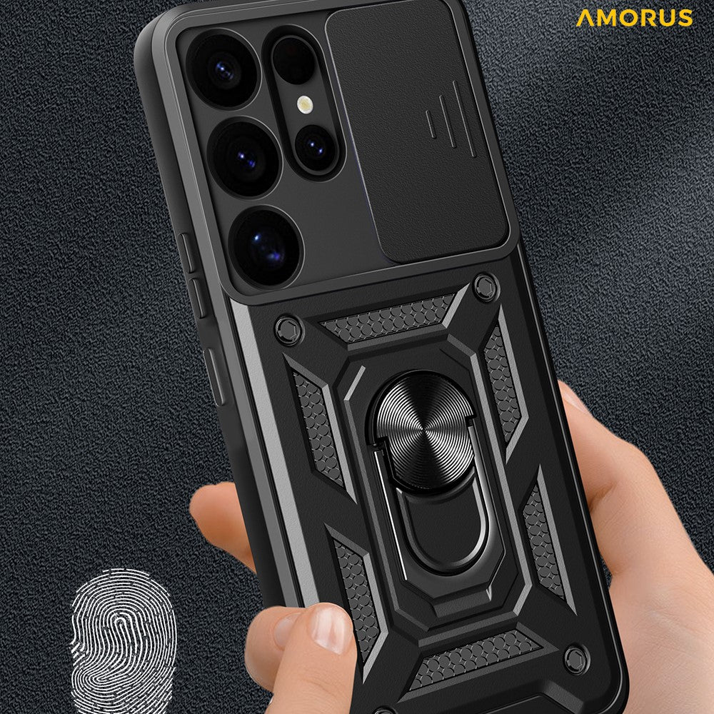 AMORUS For Samsung Galaxy S25 Ultra Case Kickstand PC + TPU Phone Cover with Camera Lens Slider