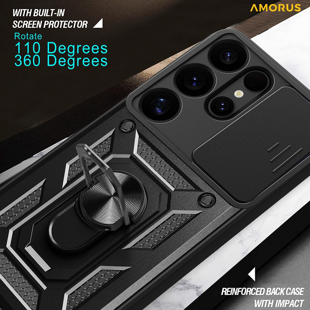 AMORUS For Samsung Galaxy S25 Ultra Case Kickstand PC + TPU Phone Cover with Camera Lens Slider