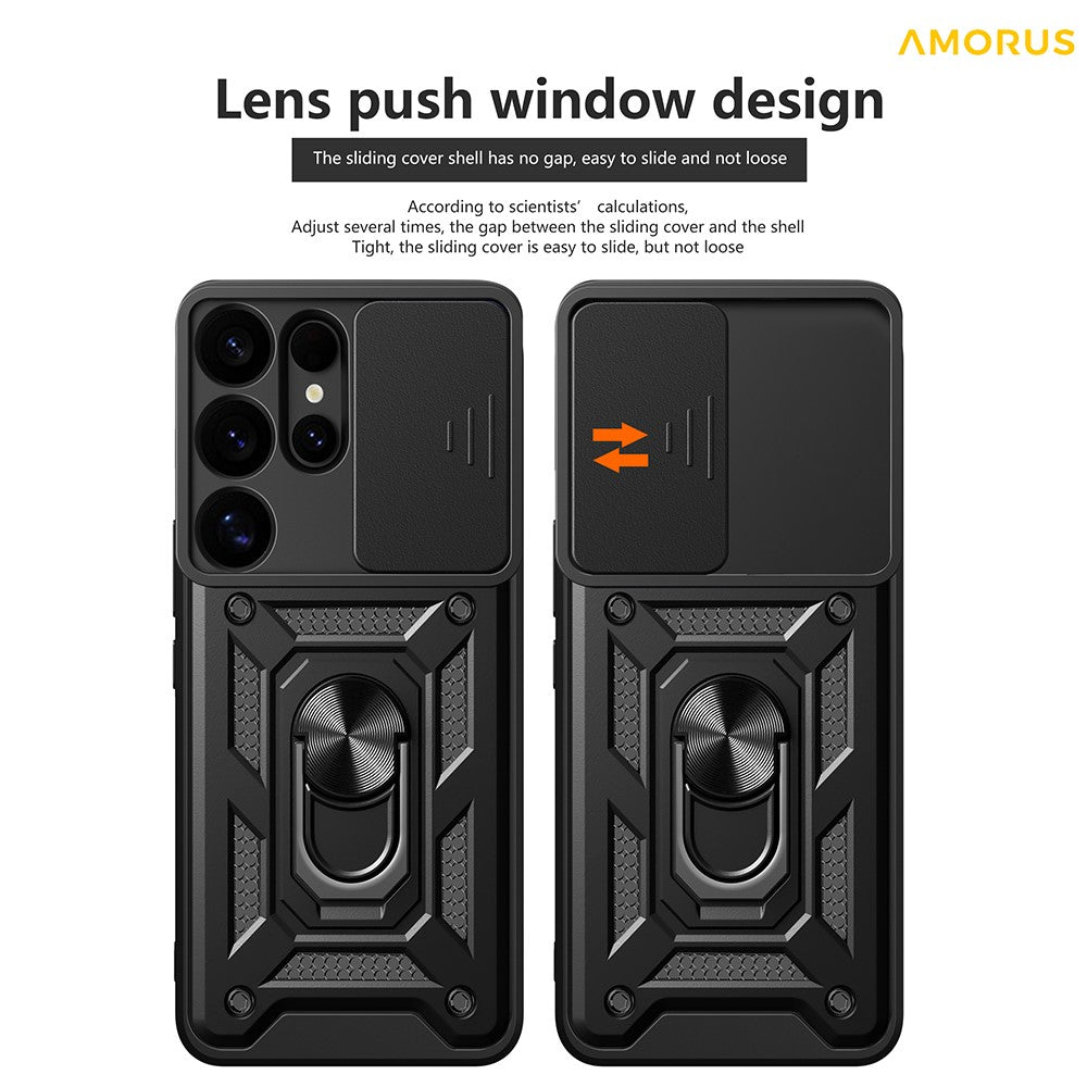 AMORUS For Samsung Galaxy S25 Ultra Case Kickstand PC + TPU Phone Cover with Camera Lens Slider