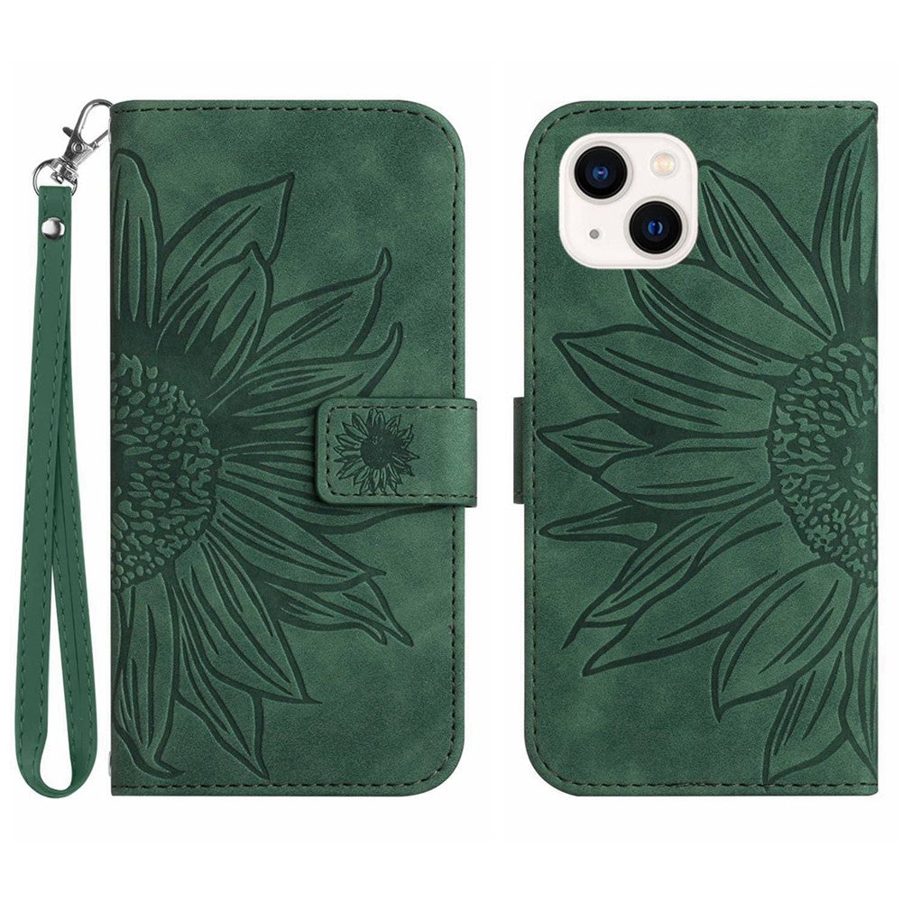 Skin-Touch Feeling Flip Phone Case for iPhone 13 mini, HT04 Imprinted Sunflower Stand PU Leather Magnetic Wallet Cover with Strap