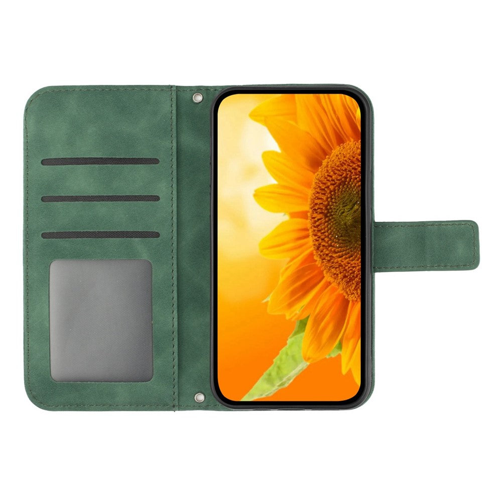Skin-Touch Feeling Flip Phone Case for iPhone 13 mini, HT04 Imprinted Sunflower Stand PU Leather Magnetic Wallet Cover with Strap