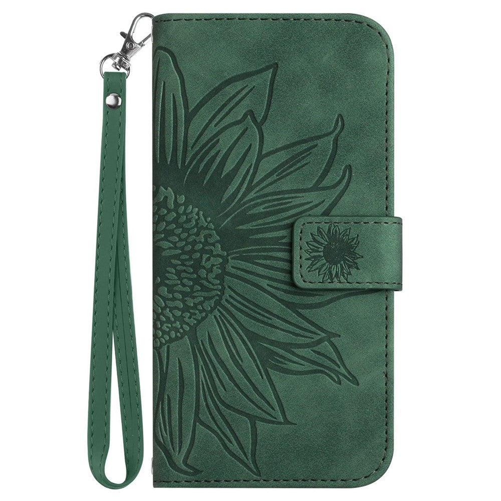 Skin-Touch Feeling Flip Phone Case for iPhone 13 mini, HT04 Imprinted Sunflower Stand PU Leather Magnetic Wallet Cover with Strap