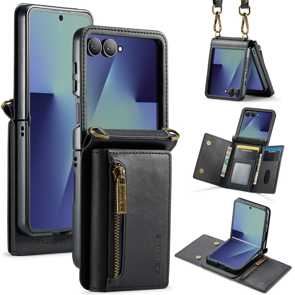 DG.MING M5 Series for Samsung Galaxy Z Flip7 5G Case RFID Blocking Card Slots Leather + PC Phone Cover