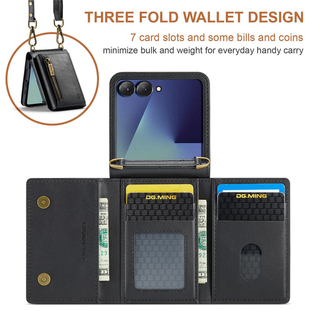 DG.MING M5 Series for Samsung Galaxy Z Flip7 5G Case RFID Blocking Card Slots Leather + PC Phone Cover
