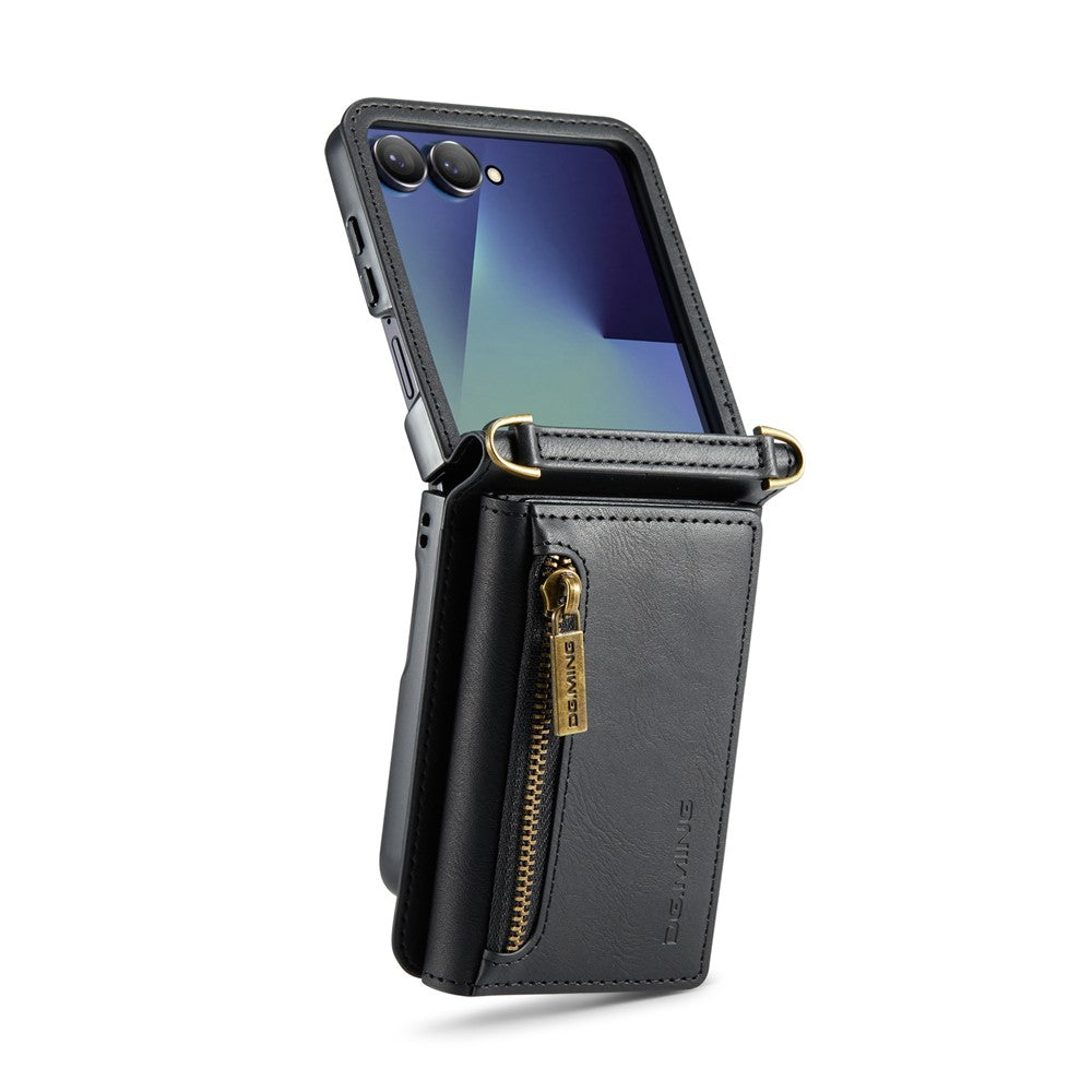 DG.MING M5 Series for Samsung Galaxy Z Flip7 5G Case RFID Blocking Card Slots Leather + PC Phone Cover