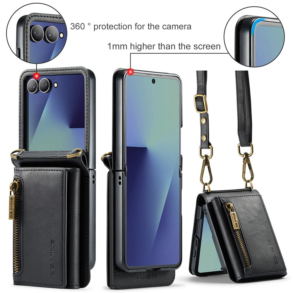 DG.MING M5 Series for Samsung Galaxy Z Flip7 5G Case RFID Blocking Card Slots Leather + PC Phone Cover