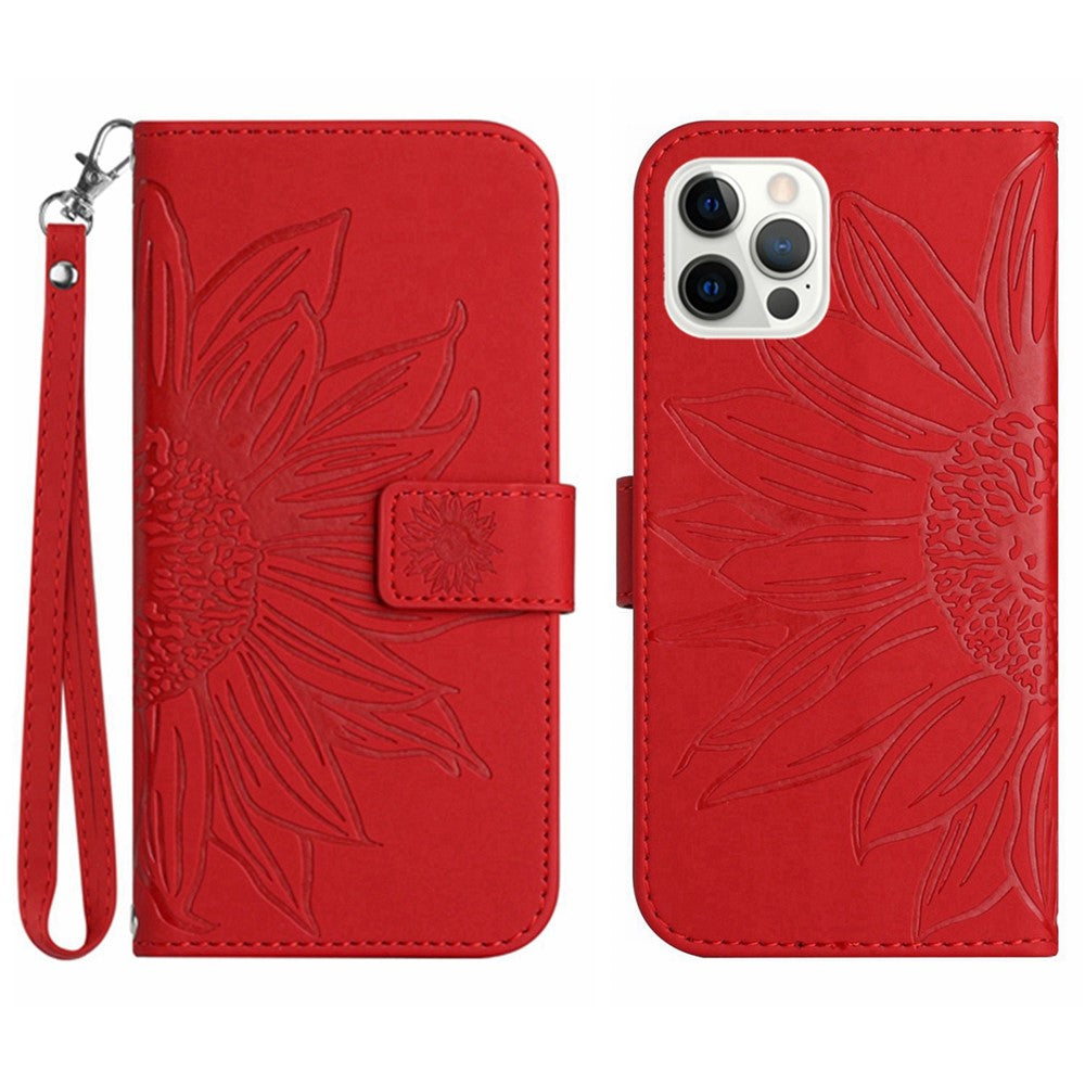 For iPhone 12 Pro Max 6.7 inch HT04 Imprinted Sunflower Phone Drop-proof Case Skin-Touch PU Leather Stand Wallet Cover with Hand Strap