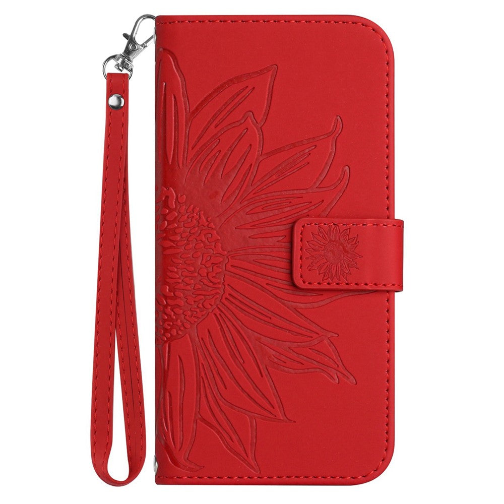 For iPhone 12 Pro Max 6.7 inch HT04 Imprinted Sunflower Phone Drop-proof Case Skin-Touch PU Leather Stand Wallet Cover with Hand Strap