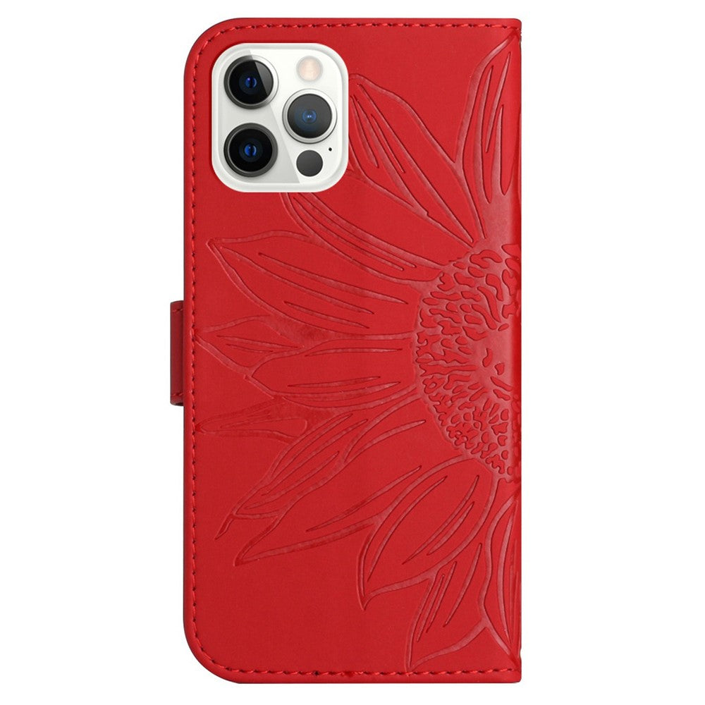 For iPhone 12 Pro Max 6.7 inch HT04 Imprinted Sunflower Phone Drop-proof Case Skin-Touch PU Leather Stand Wallet Cover with Hand Strap