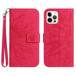 For iPhone 12 Pro Max 6.7 inch HT04 Imprinted Sunflower Phone Drop-proof Case Skin-Touch PU Leather Stand Wallet Cover with Hand Strap