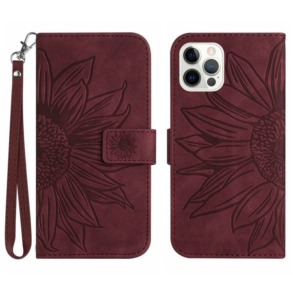 For iPhone 12 Pro Max 6.7 inch HT04 Imprinted Sunflower Phone Drop-proof Case Skin-Touch PU Leather Stand Wallet Cover with Hand Strap