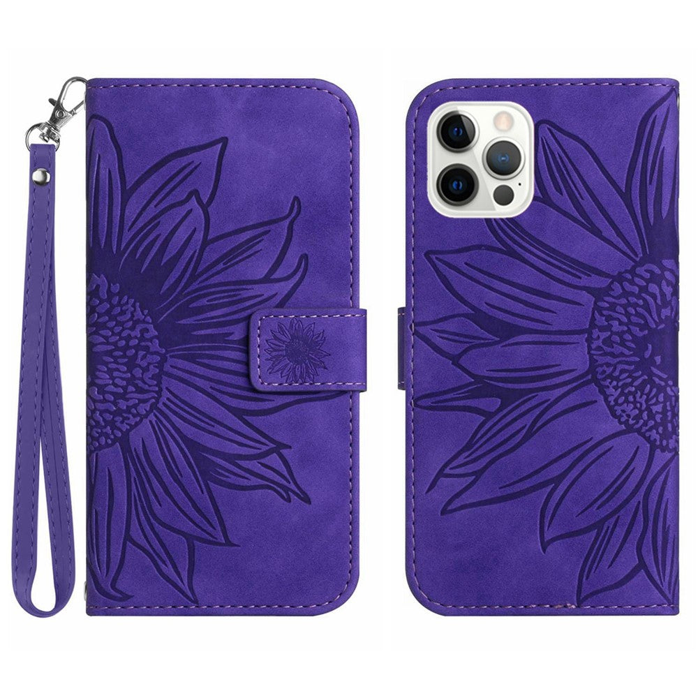 Til iPhone 12 Pro 6,1 tommer / 12 6,1 tommer HT04 Solsikke præget PU-læder cover med blød overflade, telefonstander, pung og håndrem