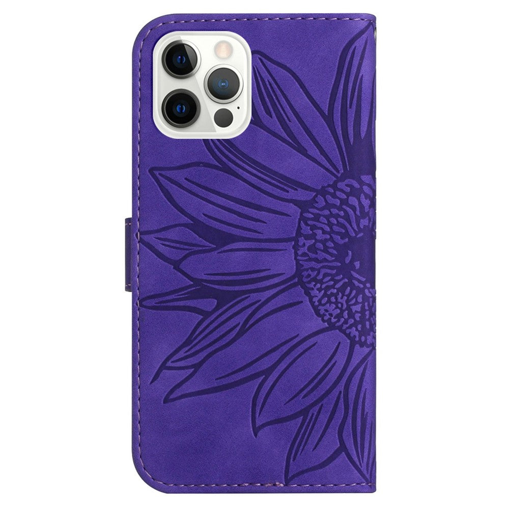 Til iPhone 12 Pro 6,1 tommer / 12 6,1 tommer HT04 Solsikke præget PU-læder cover med blød overflade, telefonstander, pung og håndrem