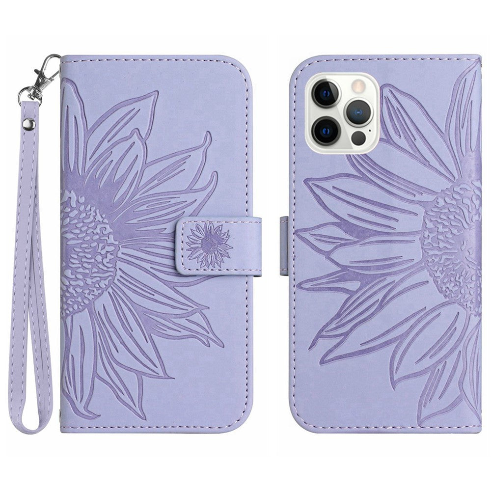 Til iPhone 12 Pro 6,1 tommer / 12 6,1 tommer HT04 Solsikke præget PU-læder cover med blød overflade, telefonstander, pung og håndrem