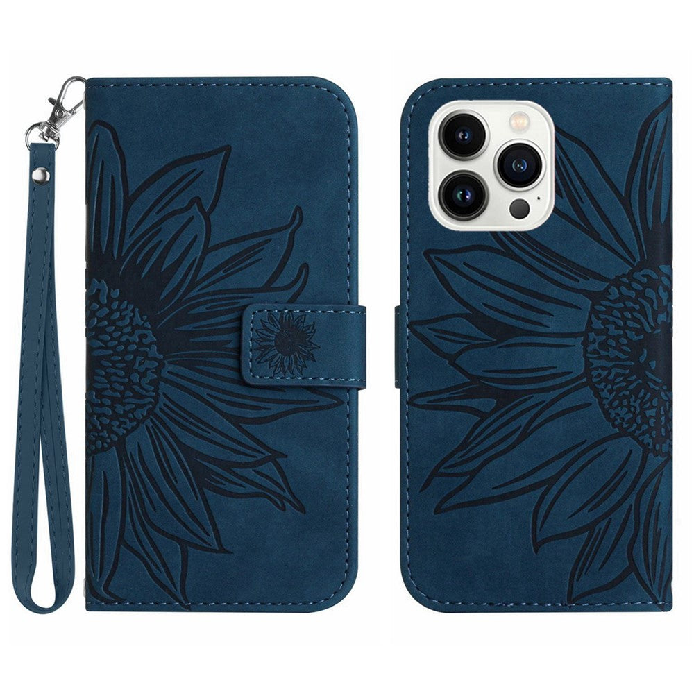 For iPhone 13 Pro Max 6.7 inch HT04 Sunflower Imprinted PU Leather Full Protection Shell Skin-Touch Foldable Stand Phone Wallet Case with Hand Strap