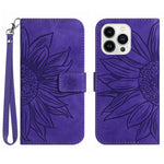 For iPhone 13 Pro Max 6.7 inch HT04 Sunflower Imprinted PU Leather Full Protection Shell Skin-Touch Foldable Stand Phone Wallet Case with Hand Strap