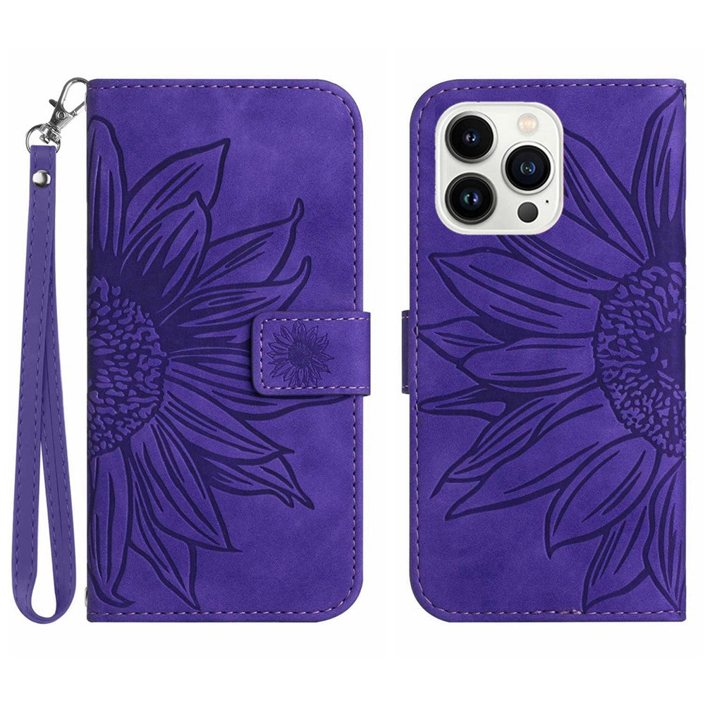 For iPhone 13 Pro Max 6.7 inch HT04 Sunflower Imprinted PU Leather Full Protection Shell Skin-Touch Foldable Stand Phone Wallet Case with Hand Strap