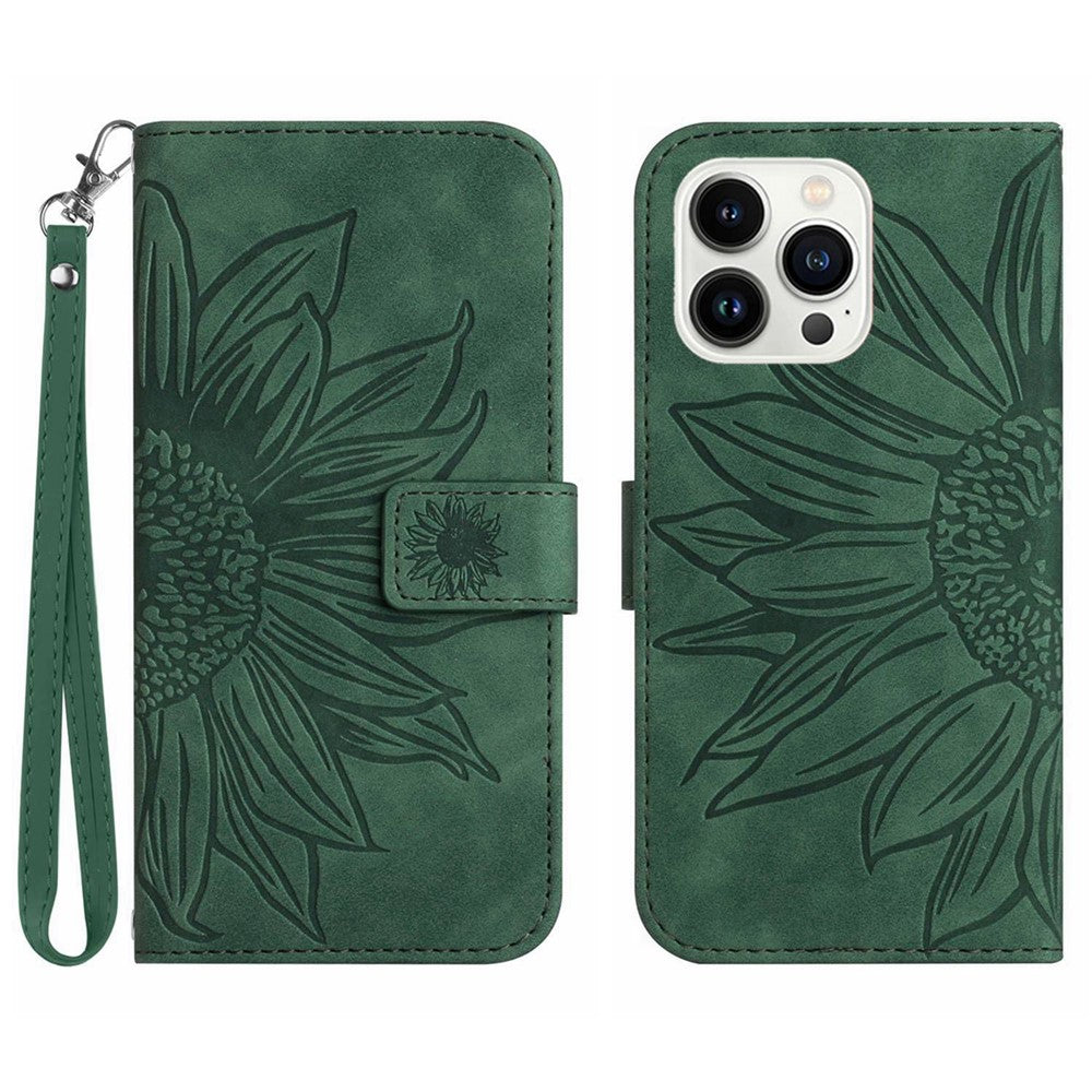 For iPhone 13 Pro Max 6.7 inch HT04 Sunflower Imprinted PU Leather Full Protection Shell Skin-Touch Foldable Stand Phone Wallet Case with Hand Strap