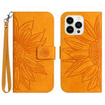 For iPhone 13 Pro Max 6.7 inch HT04 Sunflower Imprinted PU Leather Full Protection Shell Skin-Touch Foldable Stand Phone Wallet Case with Hand Strap