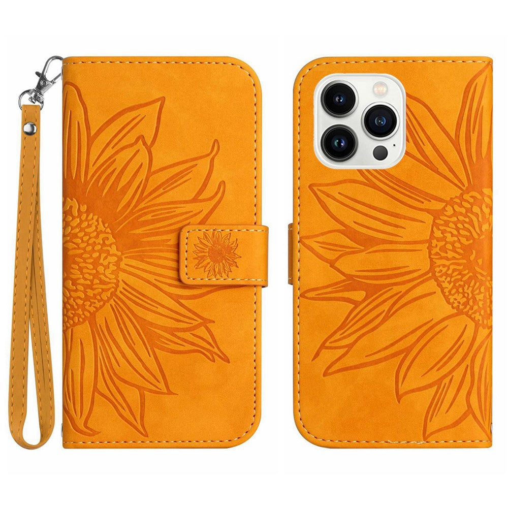For iPhone 13 Pro Max 6.7 inch HT04 Sunflower Imprinted PU Leather Full Protection Shell Skin-Touch Foldable Stand Phone Wallet Case with Hand Strap