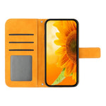 For iPhone 13 Pro Max 6.7 inch HT04 Sunflower Imprinted PU Leather Full Protection Shell Skin-Touch Foldable Stand Phone Wallet Case with Hand Strap
