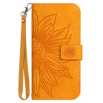 For iPhone 13 Pro Max 6.7 inch HT04 Sunflower Imprinted PU Leather Full Protection Shell Skin-Touch Foldable Stand Phone Wallet Case with Hand Strap