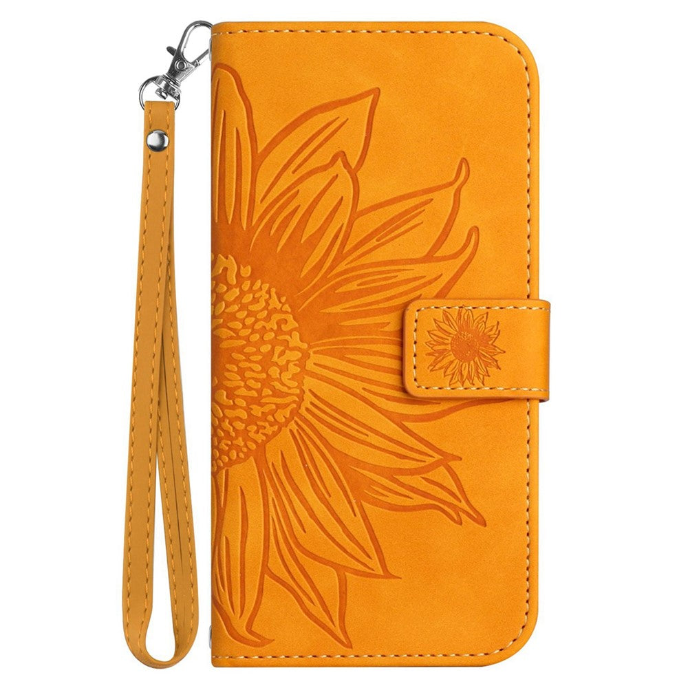 For iPhone 13 Pro Max 6.7 inch HT04 Sunflower Imprinted PU Leather Full Protection Shell Skin-Touch Foldable Stand Phone Wallet Case with Hand Strap