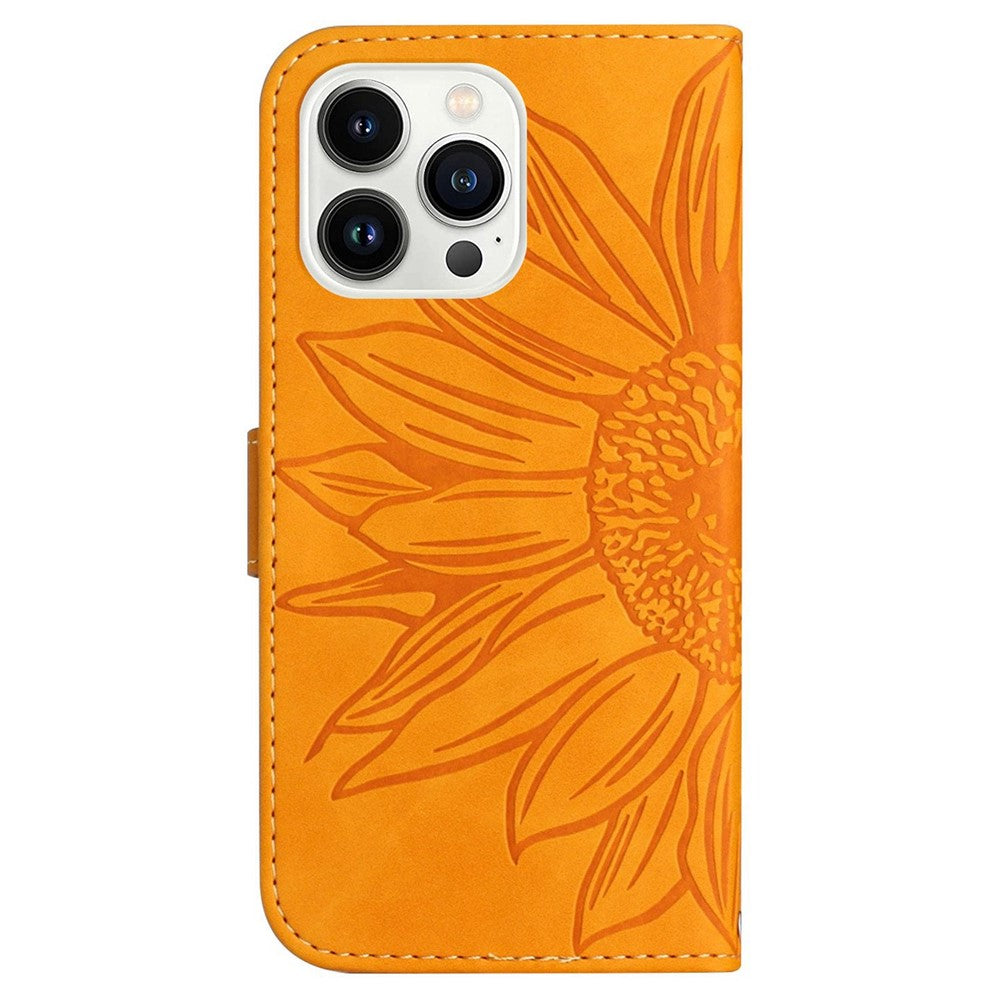 For iPhone 13 Pro Max 6.7 inch HT04 Sunflower Imprinted PU Leather Full Protection Shell Skin-Touch Foldable Stand Phone Wallet Case with Hand Strap