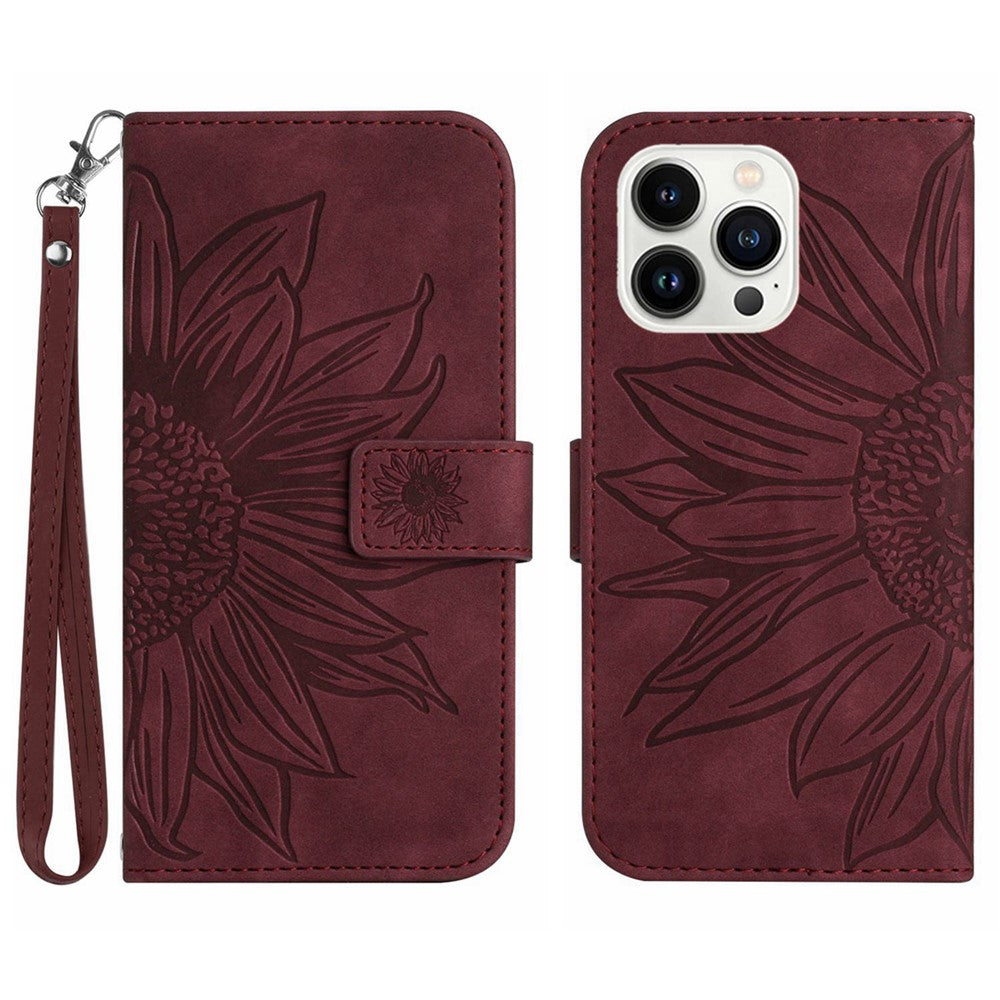 For iPhone 13 Pro Max 6.7 inch HT04 Sunflower Imprinted PU Leather Full Protection Shell Skin-Touch Foldable Stand Phone Wallet Case with Hand Strap