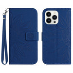 For iPhone 13 Pro Max 6.7 inch HT04 Sunflower Imprinted PU Leather Full Protection Shell Skin-Touch Foldable Stand Phone Wallet Case with Hand Strap