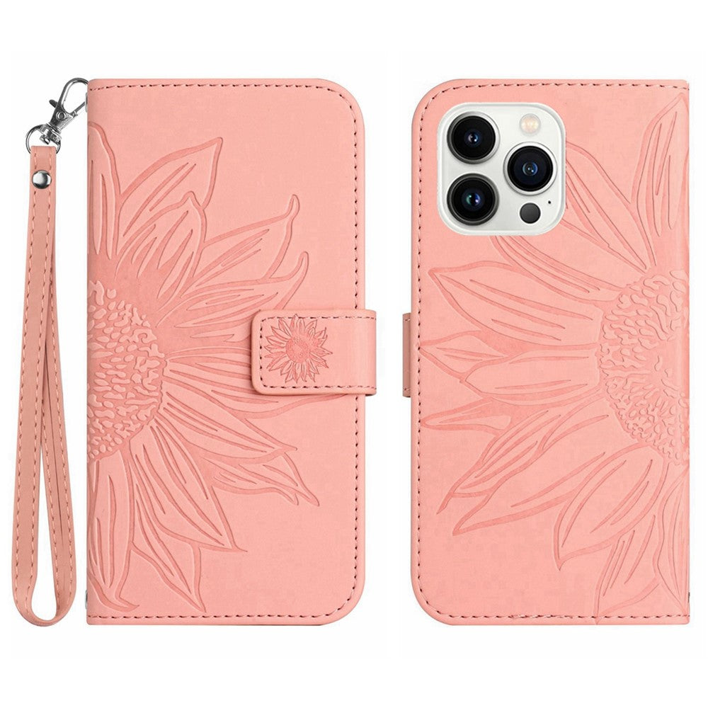 For iPhone 13 Pro Max 6.7 inch HT04 Sunflower Imprinted PU Leather Full Protection Shell Skin-Touch Foldable Stand Phone Wallet Case with Hand Strap
