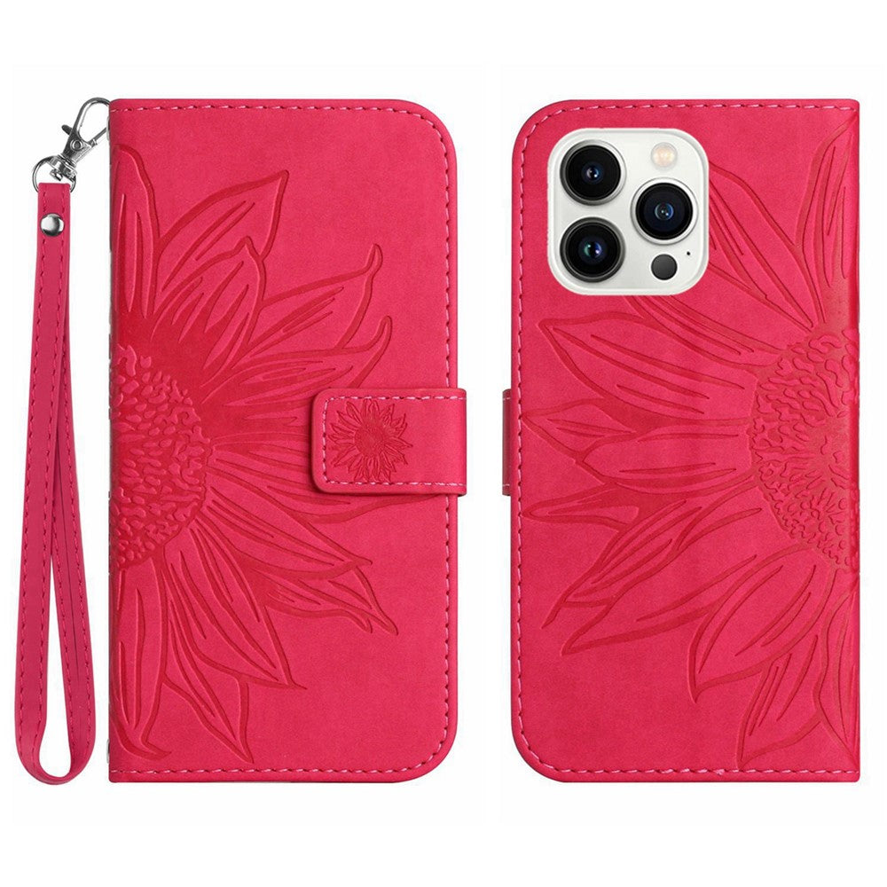 For iPhone 13 Pro Max 6.7 inch HT04 Sunflower Imprinted PU Leather Full Protection Shell Skin-Touch Foldable Stand Phone Wallet Case with Hand Strap