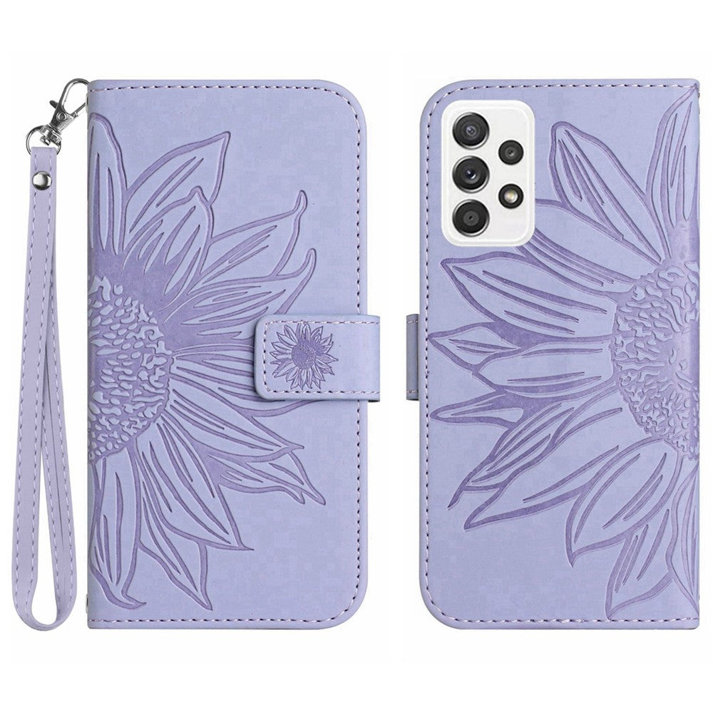 For Samsung Galaxy A53 5G HT04 Skin-Touch PU Leather Book Style Phone Case Imprinted Sunflower Stand Wallet Cover with Hand Strap