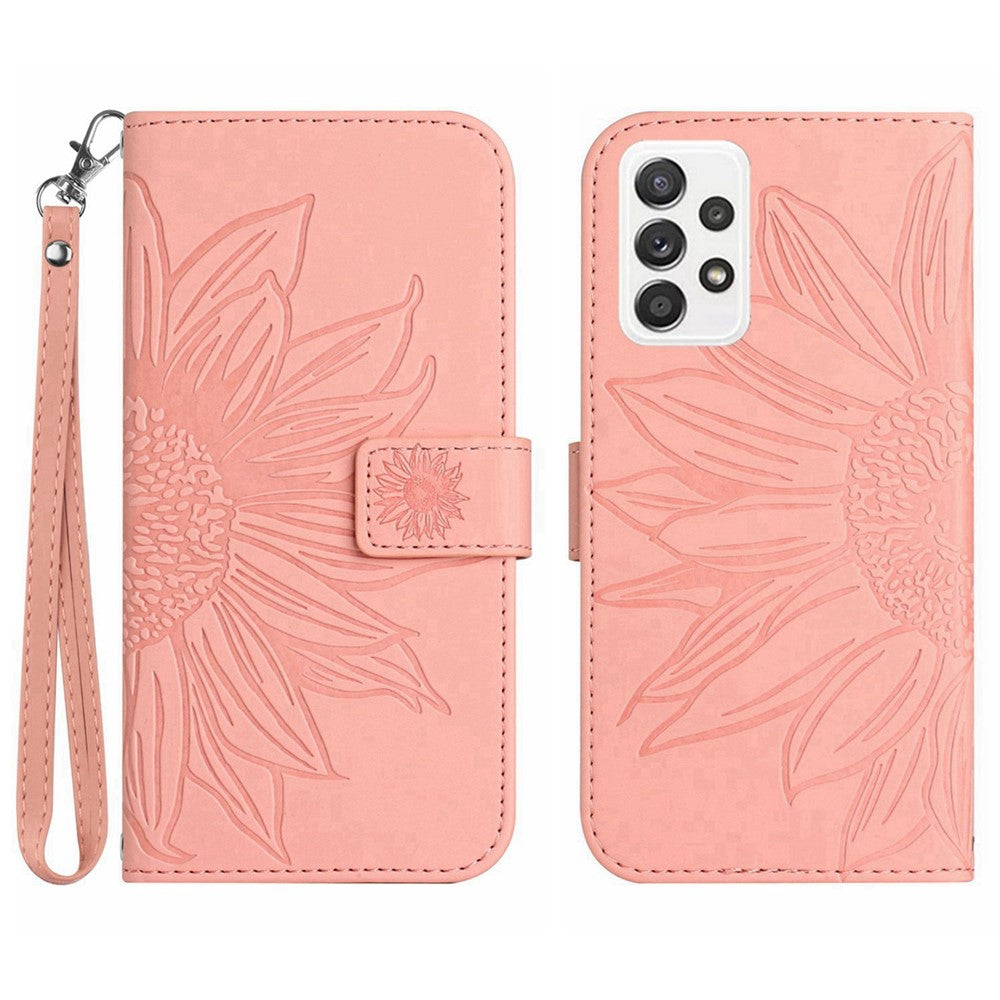 For Samsung Galaxy A53 5G HT04 Skin-Touch PU Leather Book Style Phone Case Imprinted Sunflower Stand Wallet Cover with Hand Strap