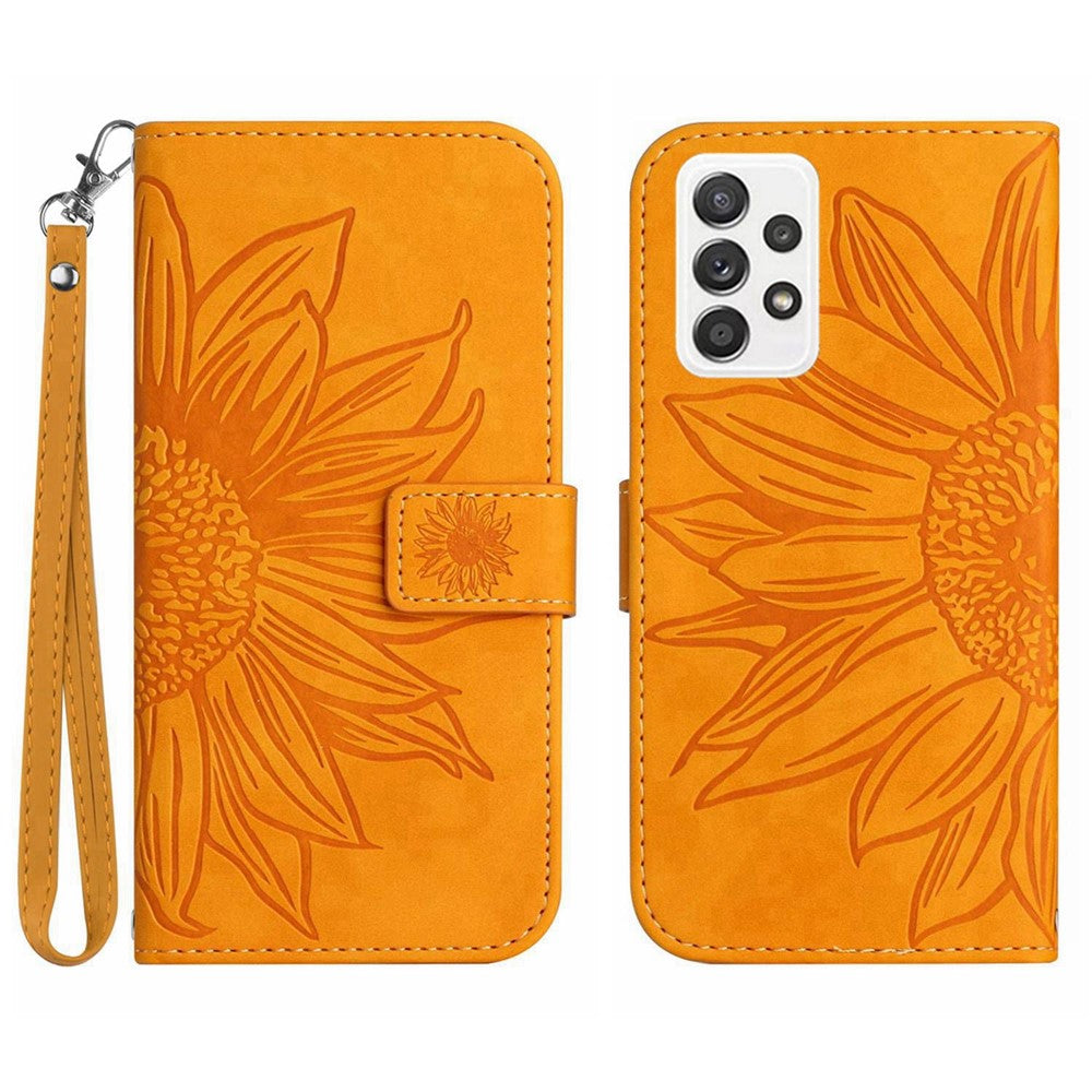 For Samsung Galaxy A53 5G HT04 Skin-Touch PU Leather Book Style Phone Case Imprinted Sunflower Stand Wallet Cover with Hand Strap