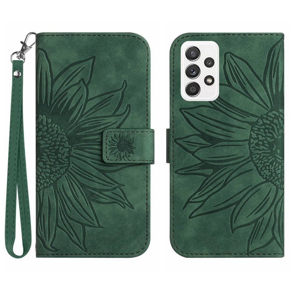 For Samsung Galaxy A53 5G HT04 Skin-Touch PU Leather Book Style Phone Case Imprinted Sunflower Stand Wallet Cover with Hand Strap