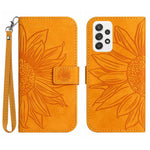 For Samsung Galaxy A23 4G / 5G (Global Version) Phone Case, HT04 Shockproof Skin-Touch PU Leather Imprinted Sunflower Stand Wallet Cover with Hand Strap