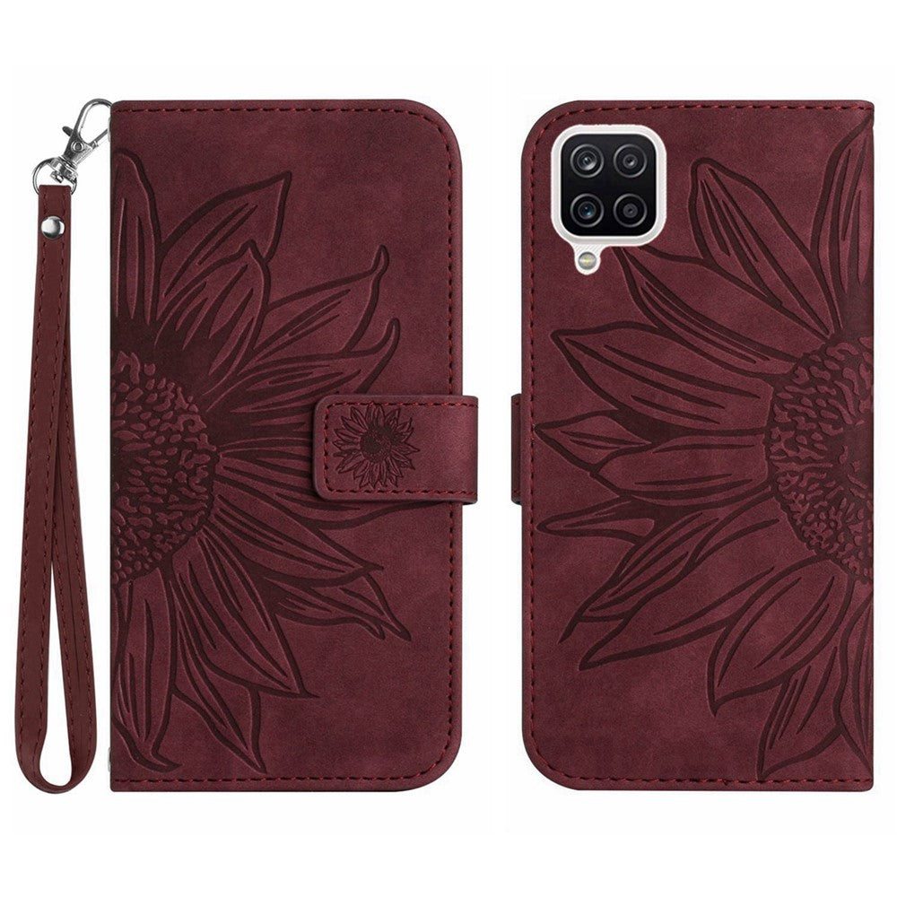 For Samsung Galaxy A22 4G (EU Version) HT04 Skin-Touch Flip Wallet Cover Imprinted Sunflower Full Protection Phone Case Stand with Hand Strap