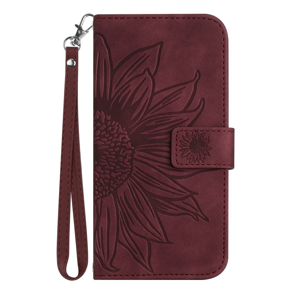 For Samsung Galaxy A22 4G (EU Version) HT04 Skin-Touch Flip Wallet Cover Imprinted Sunflower Full Protection Phone Case Stand with Hand Strap
