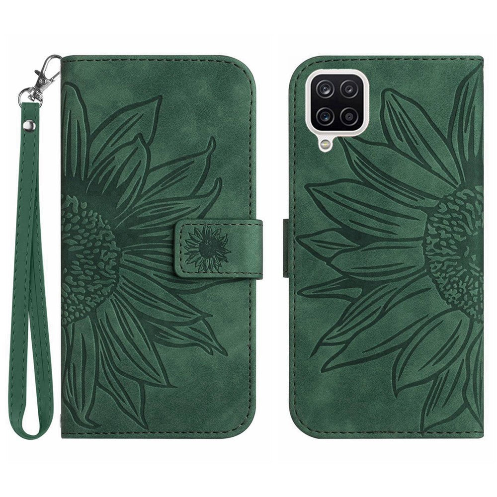 For Samsung Galaxy A22 4G (EU Version) HT04 Skin-Touch Flip Wallet Cover Imprinted Sunflower Full Protection Phone Case Stand with Hand Strap