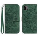 For Samsung Galaxy A22 5G (EU Version) HT04 Skin-Touch Sunflower Imprinted Phone Cover Wallet Scratch-proof Anti-drop Phone Case Stand with Hand Strap