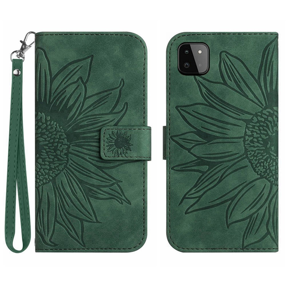 For Samsung Galaxy A22 5G (EU Version) HT04 Skin-Touch Sunflower Imprinted Phone Cover Wallet Scratch-proof Anti-drop Phone Case Stand with Hand Strap