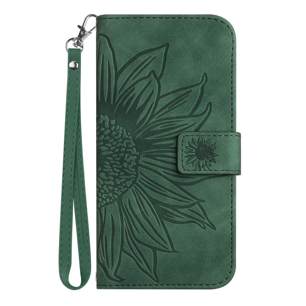 For Samsung Galaxy A22 5G (EU Version) HT04 Skin-Touch Sunflower Imprinted Phone Cover Wallet Scratch-proof Anti-drop Phone Case Stand with Hand Strap