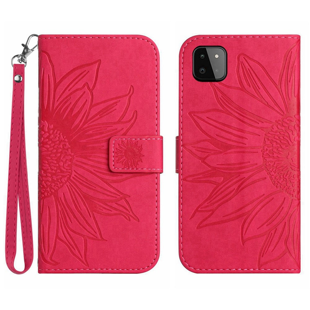 For Samsung Galaxy A22 5G (EU Version) HT04 Skin-Touch Sunflower Imprinted Phone Cover Wallet Scratch-proof Anti-drop Phone Case Stand with Hand Strap