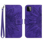 For Samsung Galaxy A22 5G (EU Version) HT04 Skin-Touch Sunflower Imprinted Phone Cover Wallet Scratch-proof Anti-drop Phone Case Stand with Hand Strap