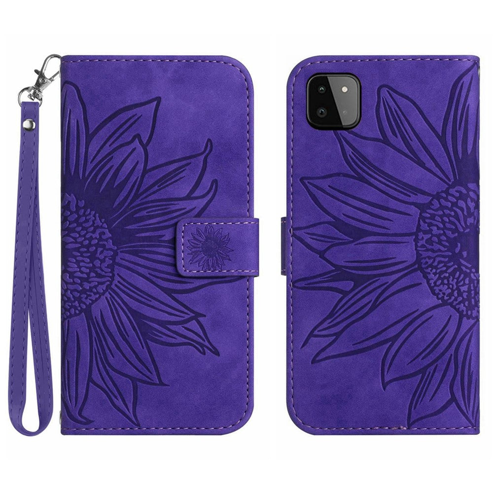 For Samsung Galaxy A22 5G (EU Version) HT04 Skin-Touch Sunflower Imprinted Phone Cover Wallet Scratch-proof Anti-drop Phone Case Stand with Hand Strap