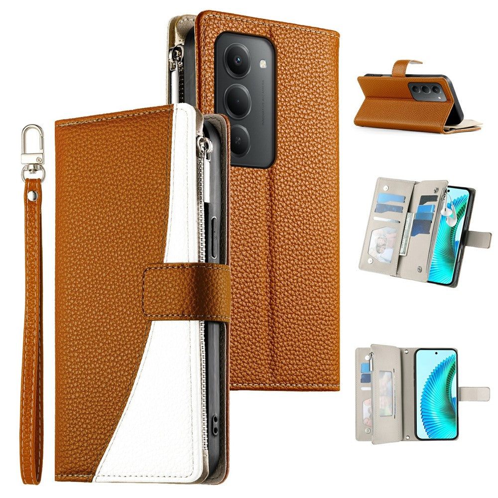For Xiaomi Redmi 15 5G (Global) (169mm) Case Zipper Wallet Color Splicing Leather Flip Phone Cover with Straps